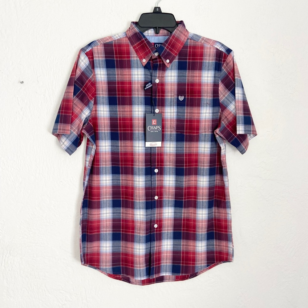 Chaps Mens Short Sleeve Button Down Shirt Claret Red Plaid Stretch CM15SW900 S